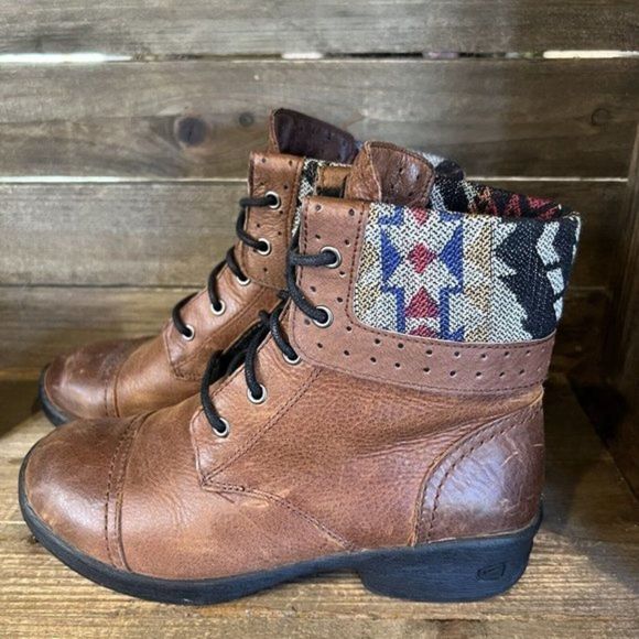 Womens Keen Tyretread Brown Leather Aztec Comfort Ankle Boots Size 6.5 M GUC - Picture 2 of 6